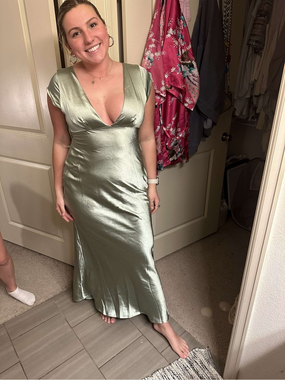 Satin V-Neck Maxi Dress in Sage